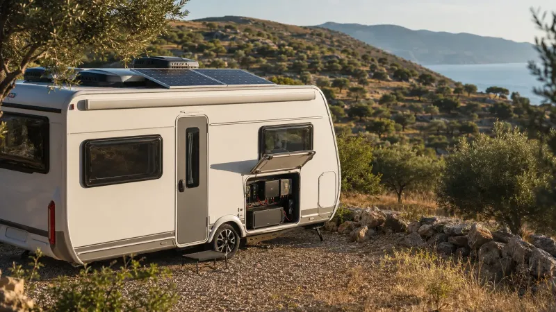 Çatı güneş panelleri ve enerji ekipmanı bulunan karavan (temsili görsel)
